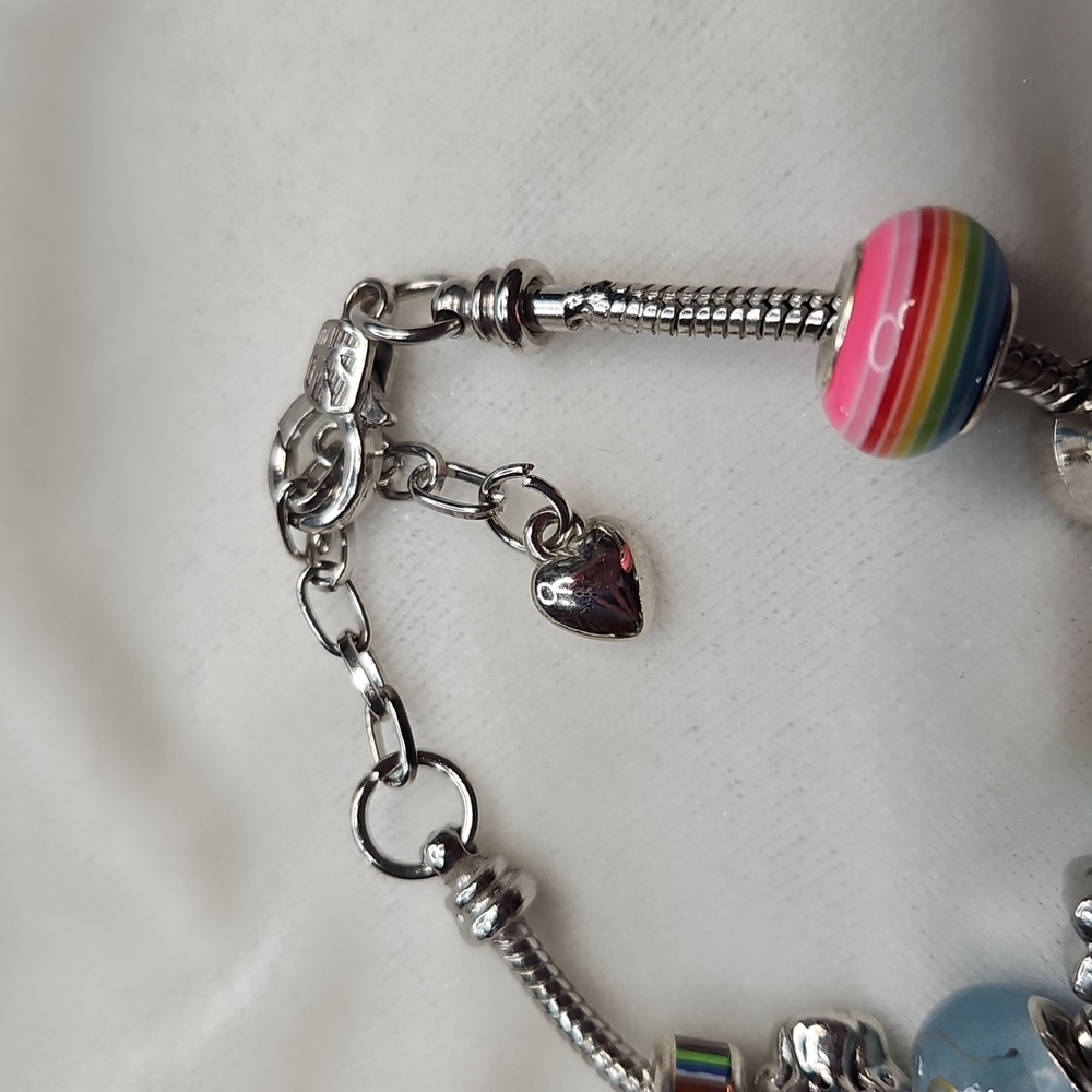 Ladies Rainbow Beaded Paw Print Cat Dog Charm Bracelet Glitter Peace Sign NWOT - Picture 4 of 4